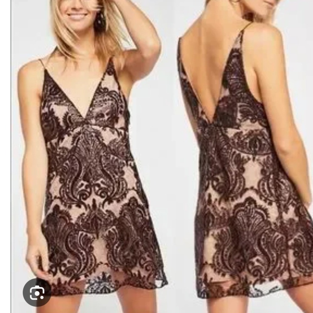 Free People Night Shimmers Mini Dress Black Sequin Lace Nude Size 2 NEW Festival